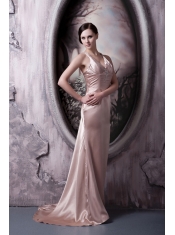 Prom Dress Column Straps Brush Train Elastic Woven Satin Beading