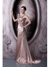 Prom Dress Column Straps Brush Train Elastic Woven Satin Beading