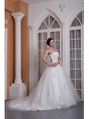 Prom Dress Custom Made A-line Strapless Chapel Train Taffeta and Organza Appliques