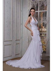 Prom Dress Customize Mermaid Halter Brush Train Chiffon Beading