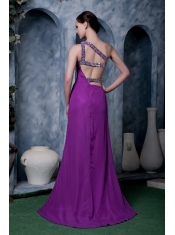 Prom Dress Eggplant Purple Column One Shoulder Brush Train Chiffon
