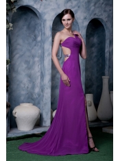 Prom Dress Eggplant Purple Column One Shoulder Brush Train Chiffon