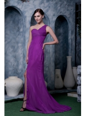 Prom Dress Eggplant Purple Column One Shoulder Brush Train Chiffon