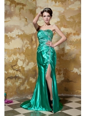 Prom Dress Green Column Strapless Court Train Silk Like Satin Beading