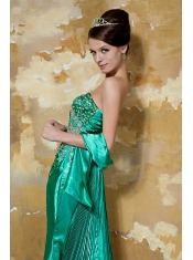 Prom Dress Green Column Strapless Court Train Silk Like Satin Beading