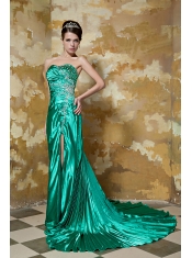 Prom Dress Green Column Strapless Court Train Silk Like Satin Beading