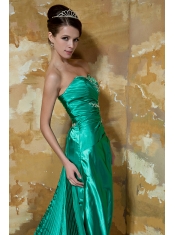 Prom Dress Green Column Strapless Court Train Silk Like Satin Beading