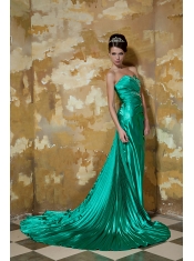 Prom Dress Green Column Strapless Court Train Silk Like Satin Beading