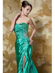 Prom Dress Green Column Strapless Court Train Silk Like Satin Beading