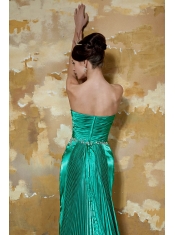 Prom Dress Green Column Strapless Court Train Silk Like Satin Beading