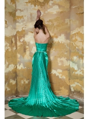 Prom Dress Green Column Strapless Court Train Silk Like Satin Beading