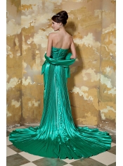 Prom Dress Green Column Strapless Court Train Silk Like Satin Beading