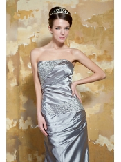 Prom Dress Grey Column Strapless Court Train Silk Like Satin Beading