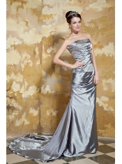 Prom Dress Grey Column Strapless Court Train Silk Like Satin Beading