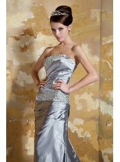 Prom Dress Grey Column Strapless Court Train Silk Like Satin Beading