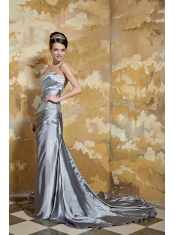 Prom Dress Grey Column Strapless Court Train Silk Like Satin Beading
