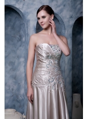 Prom Dress Grey Empire Strapless Brush Train Silk Like Satin Beading