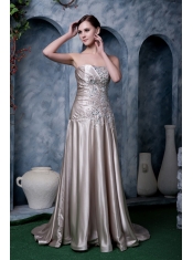Prom Dress Grey Empire Strapless Brush Train Silk Like Satin Beading