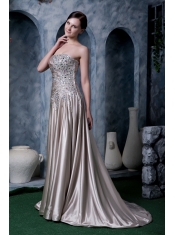 Prom Dress Grey Empire Strapless Brush Train Silk Like Satin Beading