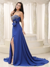 Prom Dress High Slit Beaded Decorate Bust Bowknot Peacock Customize