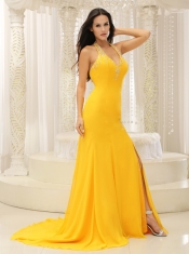 Prom Dress High Slit Halter Top Yellow Brush Train Chiffon