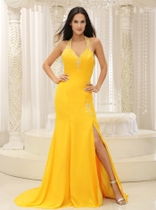 Prom Dress High Slit Halter Top Yellow Brush Train Chiffon