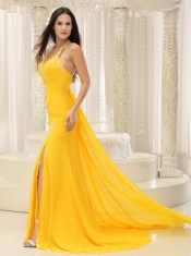 Prom Dress High Slit Halter Top Yellow Brush Train Chiffon