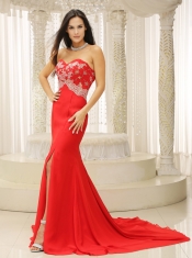 Prom Dress High Slit Sweetheart Appliques Decorate Bust