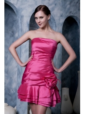 Prom Dress Hot Pink A-line Strapless Mini-length Taffeta Hand Made Flower