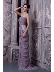 Prom Dress Lavender Column Sweetheart Brush Train Special Fabric and Chiffon Beading