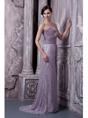 Prom Dress Lavender Column Sweetheart Brush Train Special Fabric and Chiffon Beading