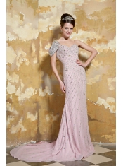 Prom Dress Light Pink Column One Shoulder Brush Train Chiffon Beading