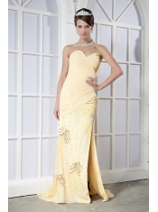 Prom Dress Light Yellow Column Sweetheart Brush Train Chiffon Sequins