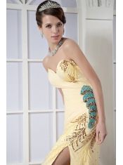 Prom Dress Light Yellow Column Sweetheart Brush Train Chiffon Sequins