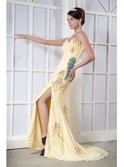 Prom Dress Light Yellow Column Sweetheart Brush Train Chiffon Sequins