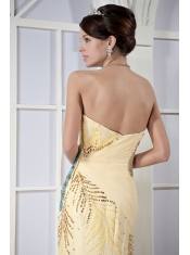 Prom Dress Light Yellow Column Sweetheart Brush Train Chiffon Sequins