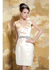 Prom Dress Light Yellow Column V-neck Mini-length Taffeta Beading