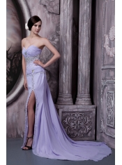 Prom Dress Lilac Column Sweetheart Court Train Chiffon Beading