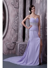 Prom Dress Lilac Column Sweetheart Court Train Chiffon Beading