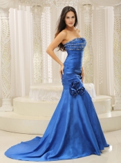 Prom Dress Mermaid Royal Blue and Court Train For Beaded Decorate Bust Hand Made Flowers