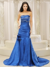 Prom Dress Mermaid Royal Blue and Court Train For Beaded Decorate Bust Hand Made Flowers