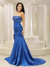 Prom Dress Mermaid Royal Blue and Court Train For Beaded Decorate Bust Hand Made Flowers