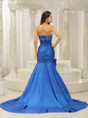 Prom Dress Mermaid Royal Blue and Court Train For Beaded Decorate Bust Hand Made Flowers