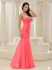 Prom Dress Mermaid Sweetheart Coral Red Beaded Decorate Bust