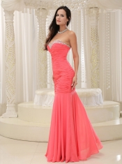 Prom Dress Mermaid Sweetheart Coral Red Beaded Decorate Bust