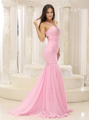 Prom Dress Mermaid V-neck Beaded Decorate Shoulder Ruched Bodice For Romantic