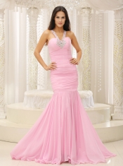 Prom Dress Mermaid V-neck Beaded Decorate Shoulder Ruched Bodice For Romantic