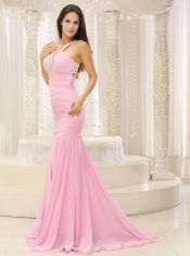 Prom Dress Mermaid V-neck Beaded Decorate Shoulder Ruched Bodice For Romantic