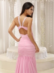 Prom Dress Mermaid V-neck Beaded Decorate Shoulder Ruched Bodice For Romantic