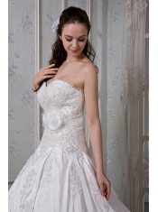 Prom Dress Modest A-line Sweetheart Brush Train Taffeta Appliques and Hand Made Flower